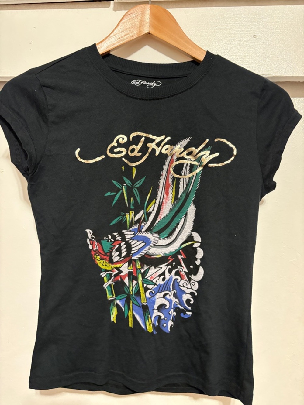 Ed Hardy Black Tee with Multicolor Bird and Bamboo Graphic
